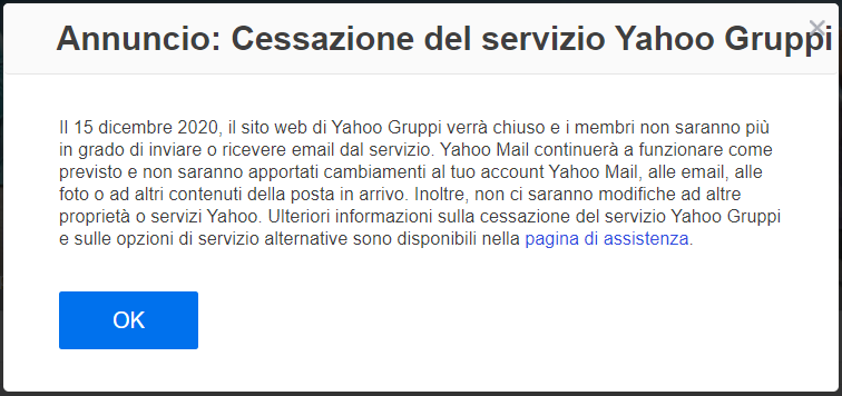 Cessazione del servizio Yahoo Gruppi dal 15 dicembre 2020